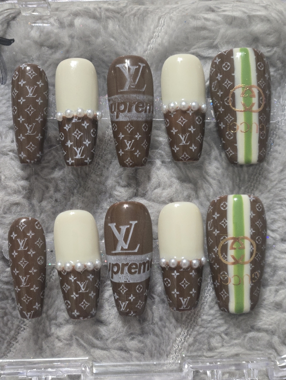 Designer-Inspired Brown and Tan Luxury Logo Press-on Nail Set